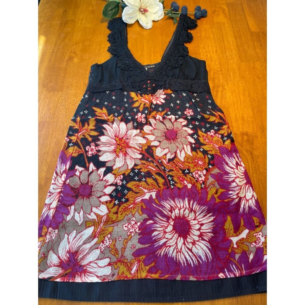 Free People Floral Lace-Trimmed Sleeveless Dress Vibrant Print Cottagecore